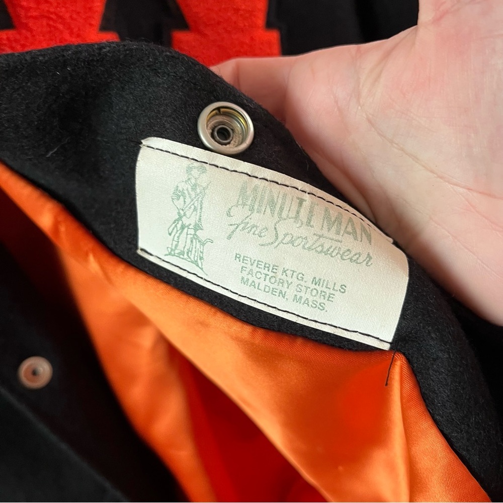 1960s Vintage Wayland Varsity Jacket Minute Man Wool Black Orange W Letterman 44 - Picture 9 of 12